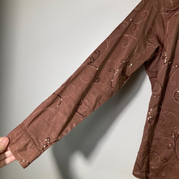 Womens Wrangler Western Pearl Snap Shirt L Embroidered Sequins Brown Cotton - Picture 5 of 8